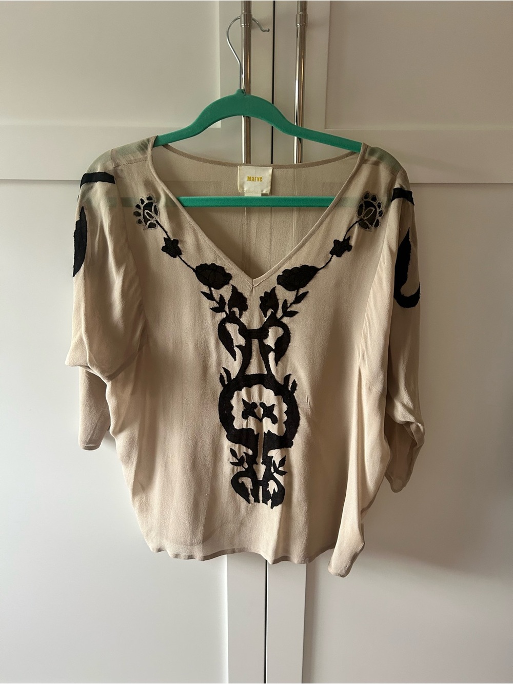 Maeve Cream V-Neck Blouse with Black Floral Embroidery